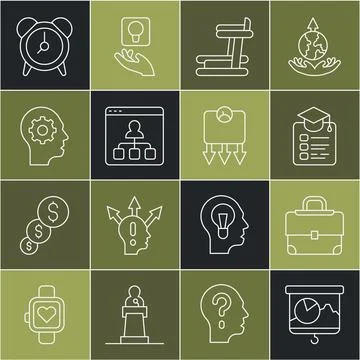 Set line Chalkboard with chart, Briefcase, Online education, Treadmill mach.. Stock-Illustration
