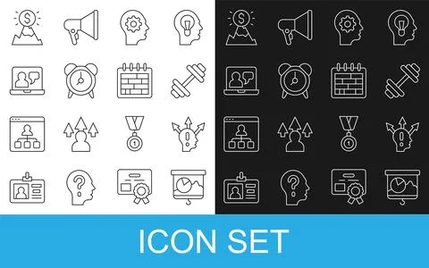 Set line Chalkboard with chart, Project team base, Dumbbell, Human head gear 스톡 일러스트