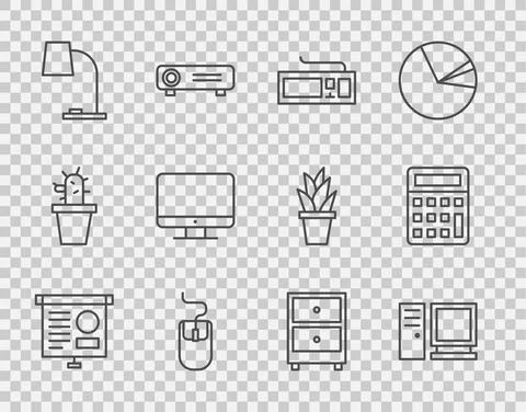 Set line Chalkboard with diagram, Computer monitor, Keyboard, mouse, Table lamp Illustrazione stock