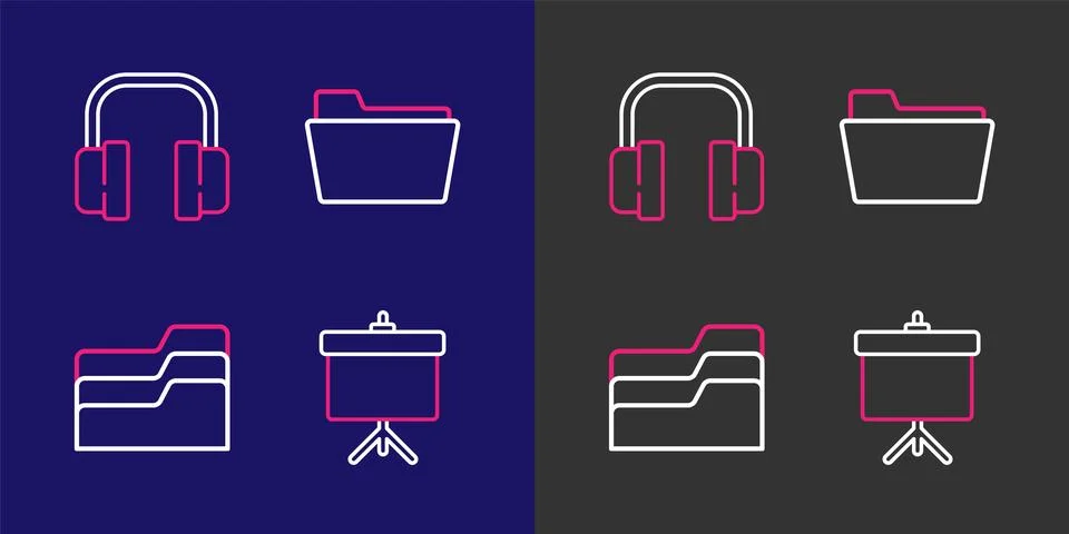 Set line Chalkboard with diagram, Document folder,  and Headphones icon. Vect Stock Illustration