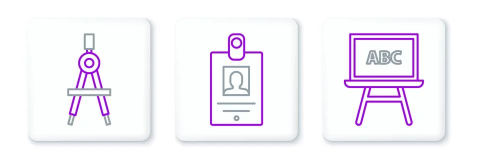 Set line Chalkboard, Drawing compass and Identification badge icon. Vector Stock Illustration