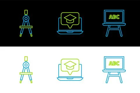 Set line Chalkboard Drawing compass and Graduation cap on screen laptop icon. Illustrazione stock