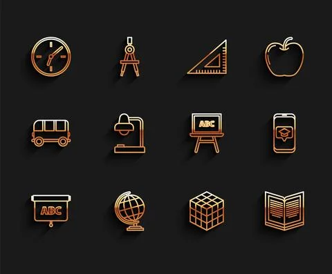 Set line Chalkboard, Earth globe, Clock, Rubik cube, Open book, Table lamp Stock Illustration