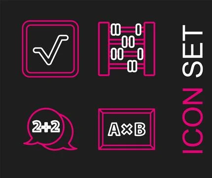 Set line Chalkboard, Equation solution, Abacus and Square root icon. Vector Stock Illustration