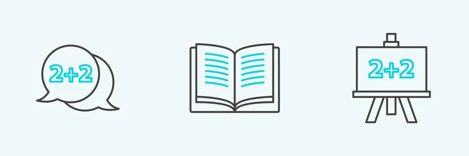 Set line Chalkboard, Equation solution and Open book icon. Vector Stock Illustration