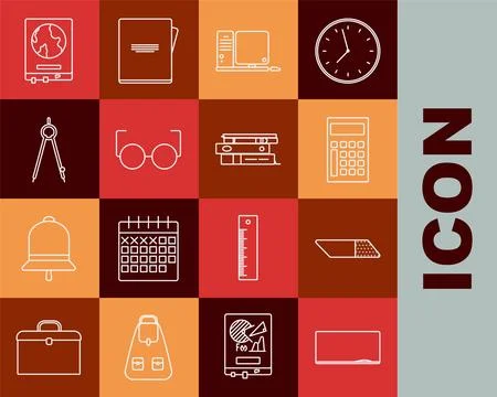 Set line Chalkboard, Eraser or rubber, Calculator, Computer monitor with ke.. Stock Illustration