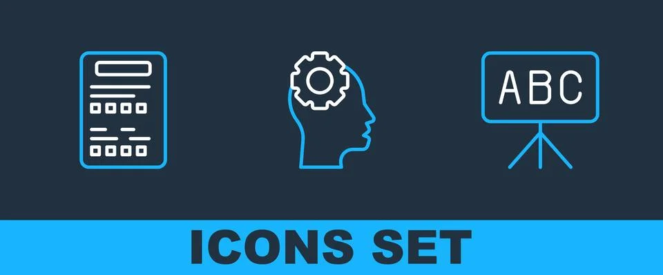 Set line Chalkboard, Exam sheet and Head with gear inside icon. Vector Stock Illustration