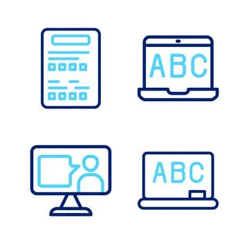 Set line Chalkboard, Foreign language online study,  and Exam sheet icon. Vec Illustrazione stock