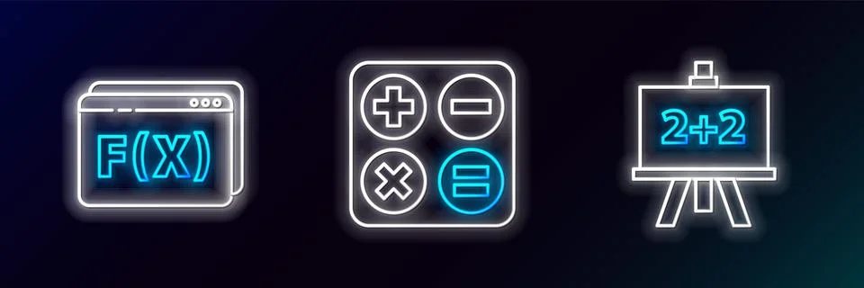 Set line Chalkboard, Function mathematical symbol and Calculator icon. Glowing Stock Illustration