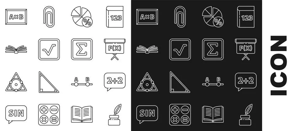 Set line Chalkboard, Graph, schedule, chart, diagram, Geometric figure Cube Illustrazione stock