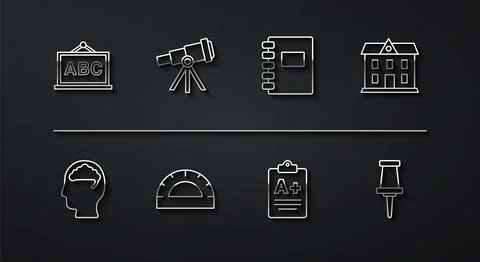 Set line Chalkboard, Human brain, School building, Exam sheet with A plus grade Ilustración de archivo