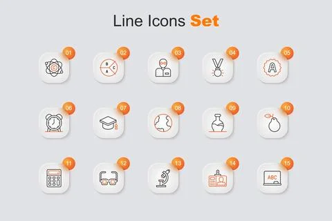 Set line Chalkboard, Identification badge, Microscope, Glasses, Calculator,.. 库存插图