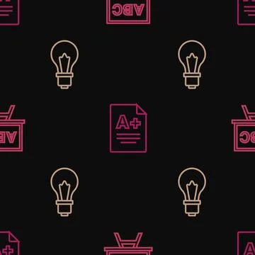 Set line Chalkboard, Light bulb with idea and Exam sheet A plus grade on Illustrazione stock