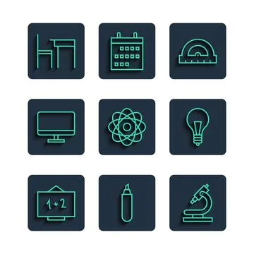 Set line Chalkboard, Marker pen, Microscope, Protractor, Atom, Computer monitor Stock Illustration