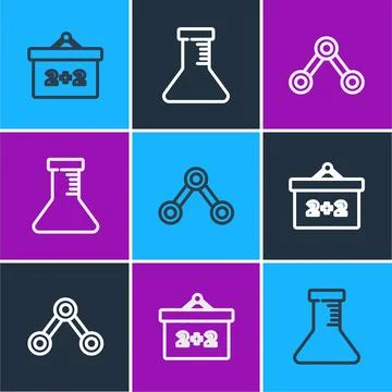 Set line Chalkboard, Molecule and Test tube and flask icon. Vector Illustrazione stock