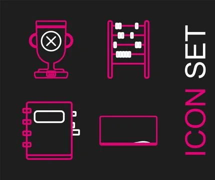 Set line Chalkboard, Notebook, Abacus and Award cup icon. Vector Stock Illustration