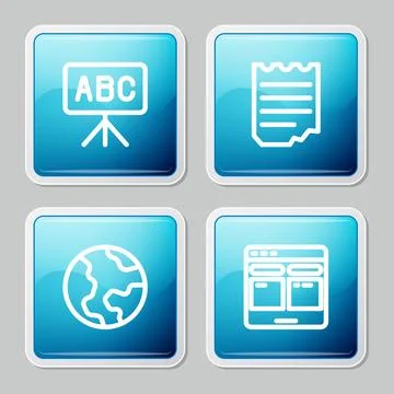 Set line Chalkboard, Notebook, Earth globe and Online translator icon. Vector Stock Illustration