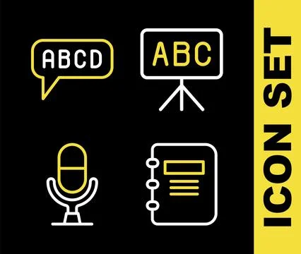 Set line Chalkboard, Notebook, Microphone voice device and Alphabet icon. Vector Stock Illustration