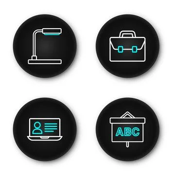 Set line Chalkboard, Online class, Briefcase and Table lamp icon. Vector Stock Illustration