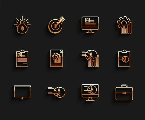 Set line Chalkboard, Pie chart infographic, Money bag, Computer monitor with Stock-Illustration