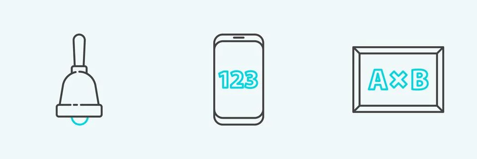 Set line Chalkboard, Ringing bell and Mobile calculator interface icon. Vector 스톡 일러스트