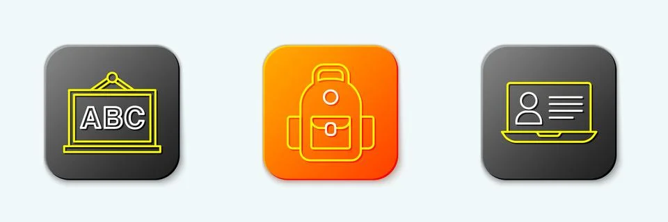 Set line Chalkboard, School backpack and Online class icon. Vector Stock Illustration