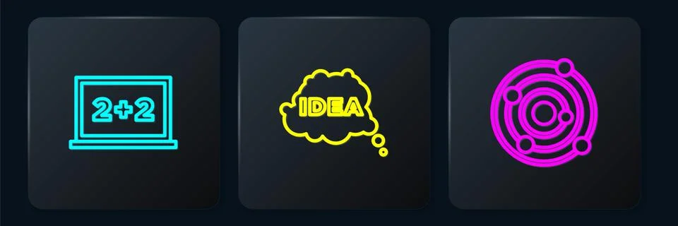 Set line Chalkboard, Solar system and Idea, speech bubble. Black square button Illustrazione stock