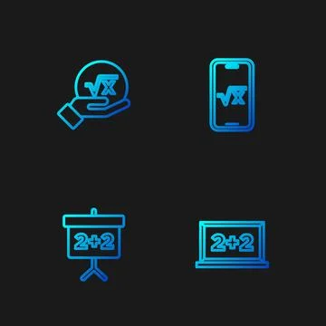 Set line Chalkboard, , Square root of x glyph and . Gradient color icons. Vector Illustrazione stock