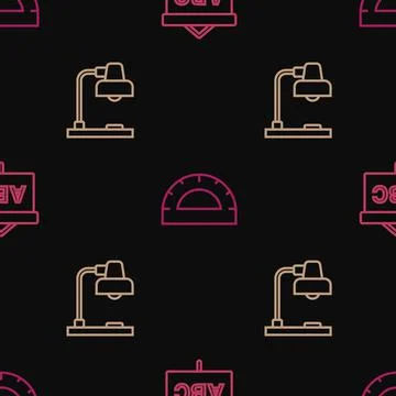 Set line Chalkboard, Table lamp and Protractor grid on seamless pattern. Vector 스톡 일러스트