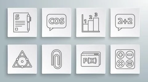 Set line Chalkboard, Tablet with calculator, Book word mathematics, Geometr.. Illustrazione stock