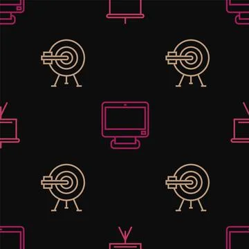 Set line Chalkboard, Target with arrow and Computer monitor on seamless pattern Stock Illustration