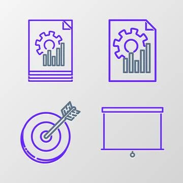 Set line Chalkboard, Target, Document with graph chart and icon. Vector Illustrazione stock