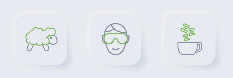 Set line Chamomile tea, Eye sleep mask and Sheep icon. Vector Stock Illustration