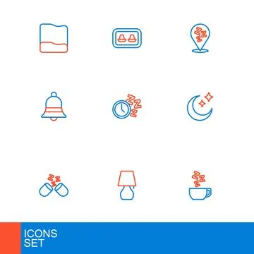 Set line Chamomile tea Table lamp Sleeping pill Moon and stars Ringing bell A Ilustração Stock