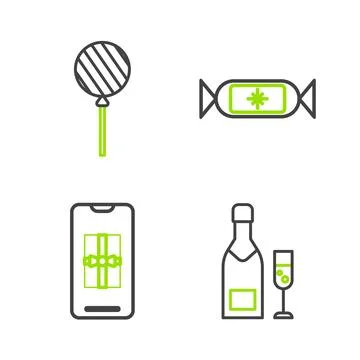 Set line Champagne bottle and glass of champagne, Smartphone with gift box,.. Stock Illustration