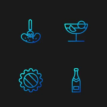Set line Champagne bottle, Bottle cap, Pickled cucumber on fork and Cocktail. Stock Illustration