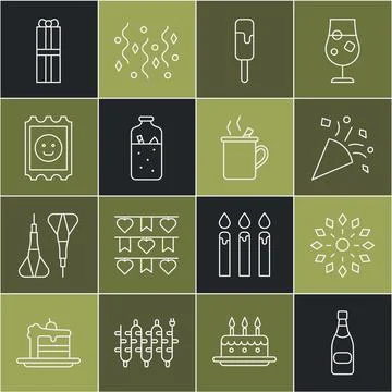 Set line Champagne bottle, Firework, Festive confetti, Ice cream, Mulled wi.. Stock Illustration