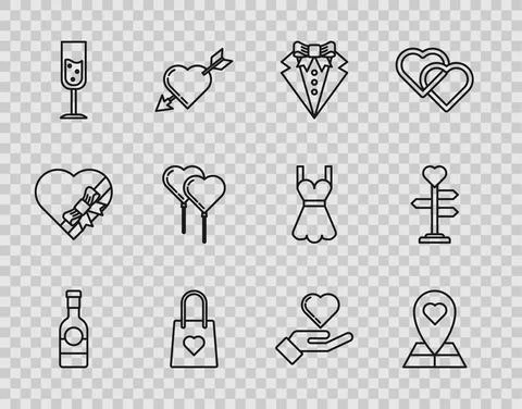 Set line Champagne bottle, Map pointer with heart, Suit, Shopping bag, Glass of Stock Illustration
