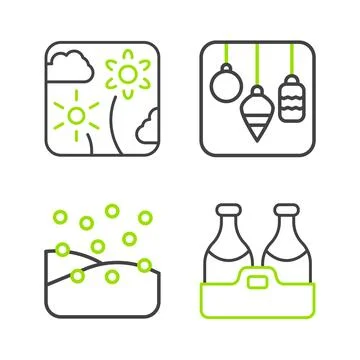 Set line Champagne bottle, Snowfall, Christmas lights and Firework rocket icon 库存插图
