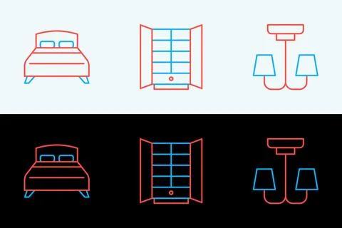 Set line Chandelier, Big bed and Wardrobe icon. Vector Stock Illustration