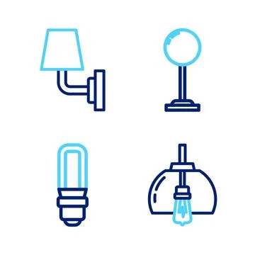 Set line Chandelier, LED light bulb, Floor lamp and Wall sconce icon. Vector Stock Illustration