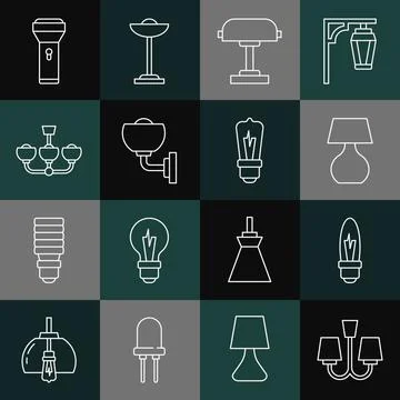 Set line Chandelier, Light bulb, Table lamp, Wall or sconce, Flashlight and icon Stock Illustration