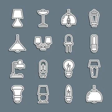 Set line Chandelier, Table lamp, LED light bulb, Wall or sconce, Lamp hanging Stock Illustration