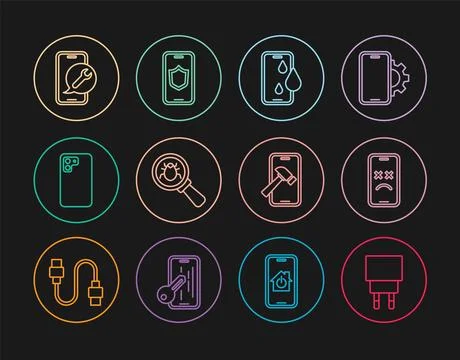 Set line Charger, Dead mobile, Waterproof phone, System bug, Smartphone, Mo.. Stock Illustration