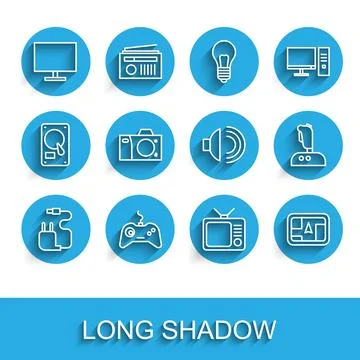 Set line Charger, Gamepad, Computer monitor screen, Retro tv, Gps device wi.. Illustrazione stock