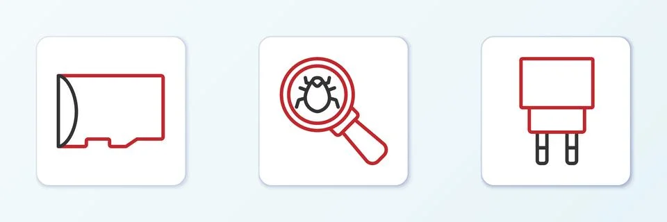 Set line Charger, Micro SD memory card and System bug icon. Vector 스톡 일러스트