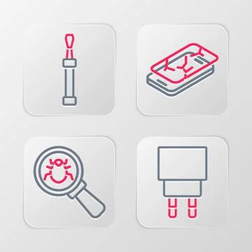 Set line Charger, System bug, Mobile with broken screen and Screwdriver icon. Illustrazione stock