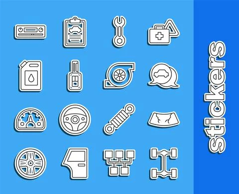 Set line Chassis car, Broken windshield, Car service, Wrench spanner, key with Ilustración de archivo