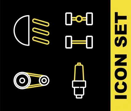 Set line Chassis car, Car spark plug, Timing belt kit and High beam icon. V.. Stock Illustration