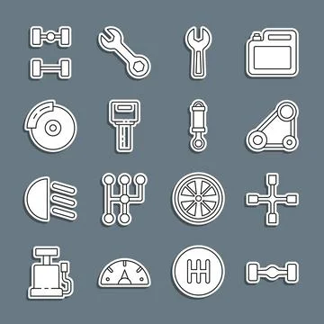 Set line Chassis car, Wheel wrench, Timing belt kit, Wrench spanner, Car key Stock Illustration